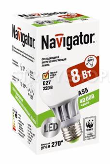 Лампа светодиодная Navigator A55-8-230-2.7k-E27 (теплый свет ,8Вт, 230В)