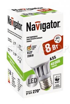 Лампа светодиодная  Navigator A55-8-230-4k-E27 (холодный свет, 8Вт, 230В)